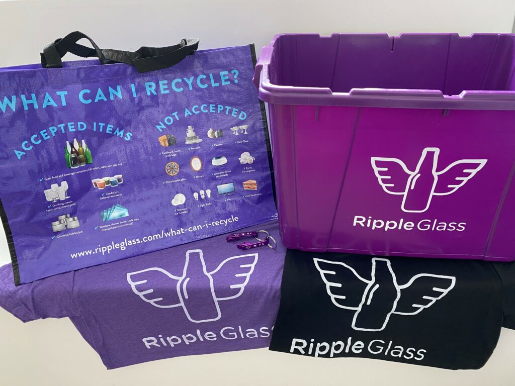 glass recycling bag, bin and t-shirt